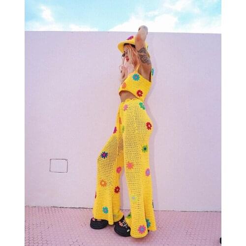 2021 womens autumn new high street fashion knitted bell bottom trousers drawstring high waist floral tie flower flared pants