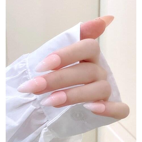 24PCS/Set Full Cover False Nail Gradients Pink Press Reusable Acrylic Peach Color Fake Nails Long Style Summer Bride Nails Art