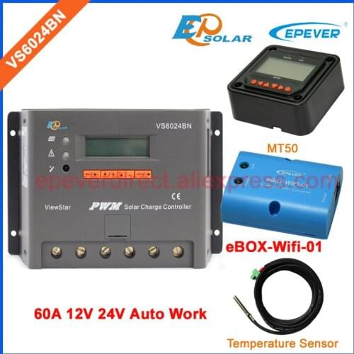 60A 60amp VS6024BN 12v 24v automatic work solar controller with wifi BOX temperature sensor and meter MT50