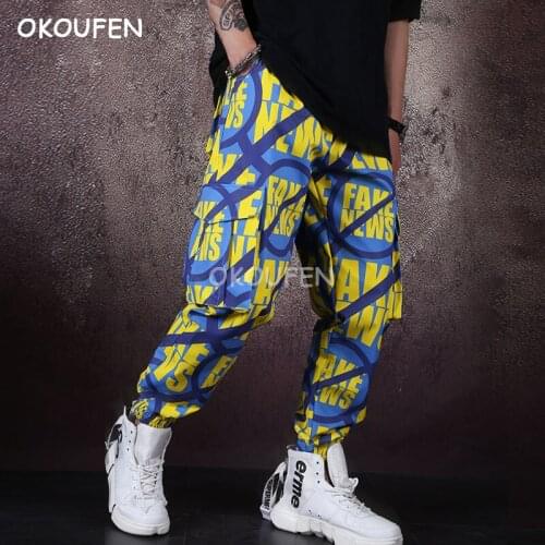 Elastic feet pants loose trousers personality casual pants mens overalls printed pocket trousers