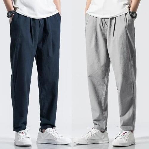 6XL Linen Pants Men Clothing Harajuku Loose Casual Cropped Trousers Chinese Style Plus Size Summer New Thin Solid Pantalon Homme