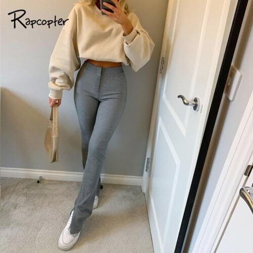 Rapcopter Gray Sporty Pants High Waist Skinny Sweatpants Zipper Side Split Sportwear Women Streetwear Casual Pants Harajuku New