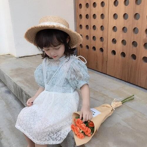 DFXD Girls Clothing Sets Korean Style Kids Costume 2020 Summer Puff Sleeve Flower T-shirts White Lace Skirts Children Clothes