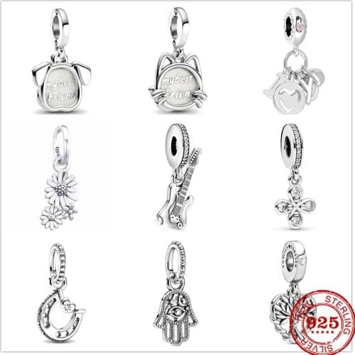 Hot selling 100% genuine 925 sterling silver flower cat guitar moon bead charms fit original Pandora bracelets