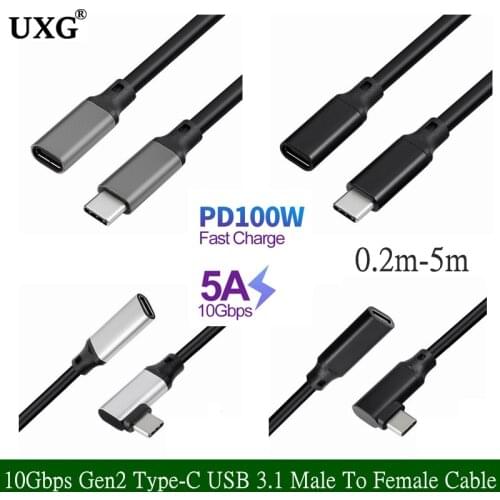 10Gbps Gen2 Type-C USB 3.1 Male To USB-C Female Extension Data 100W Charging Cable Extender Cord Reversible Design 0.2 M1m 2m 5m