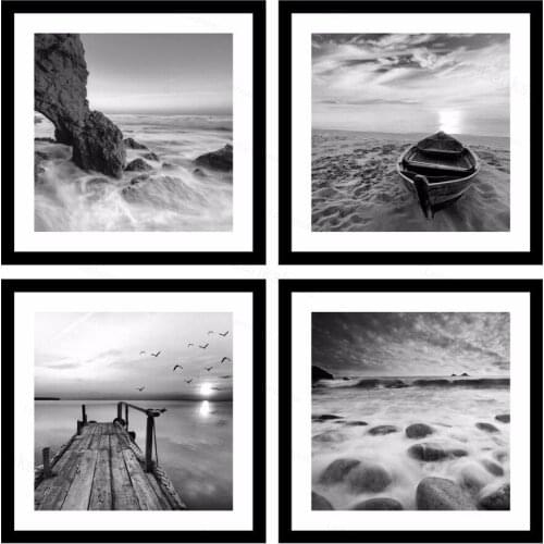 Painting Black and White Wall Art Pictures 4 Panel Modern Modular Pictures Prints On Beach Seascape Painting Sea Boat Sunset