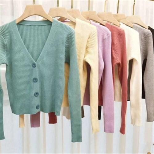 Korean Fashion 2021 Buttoned Up V-Neck Cardigans Women Long Sleeve shirts Autumn Tees Sweater T-shirts For Women Knitted tops