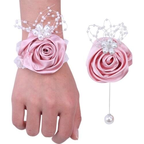 Korean Style New Leather Pink Groom Suit Lapel Pin Bride Bridesmaid Wrist Corsage Hot Sale Set Handmade Wedding Supplies T038