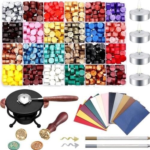 Wax Seal Kit,Wax Seal Beads Octagon Wax Beads,Vintage Envelopes,Wax Seal Warmer,Spoon,Stamp & Marker Pen for Wax Stamp Sealing