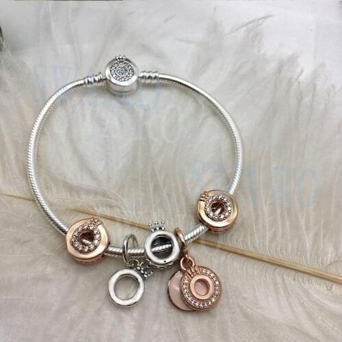 Pre Autumn 2020 Signature Collection High Quality Sterling Silver 925 Rose Sparkling Logo & Crown O Dangle Charm Diy Bracelet