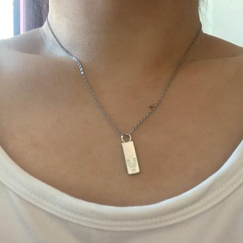 Silver Color Zircon Initial Letter Square Tag Charm Choker Necklace Minimalist Copper CZ Alphabet Geometric Collar Steel Chain