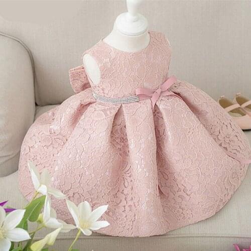 Baby Girl Dresses With Cap Super Back Bow Diamand Belt Baby Christening Gowns 1 Year Birthday Dress Newborn Lace Baptism Dress
