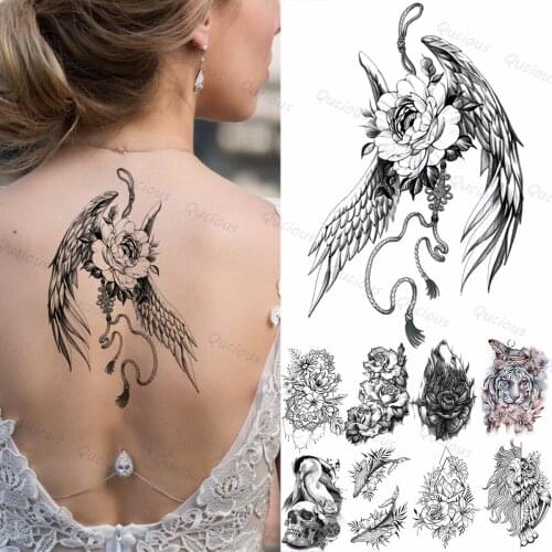 Realistic Black Angel Wings Rose Flower Temporary Tattoos For Women Adults Fake Tatoos Fashion Tiger Floral Tatoos Death Skull