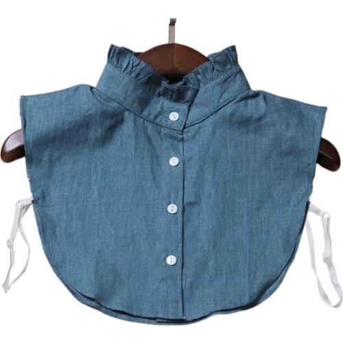 Minimalist Stripes Denim Women Detachable Lapel Fake Collar Cute Doll Ruffles Lace Splicing Button Down False Half Shirt Blouse