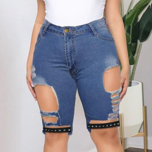 High Waist Slim Denim Shorts Plus Size Hole Woman Fashion Tassel Tight Five-point Denim Shorts Washed Sexy Female Summer 4