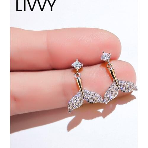 LIVVY Silver Color Ocean Style Zircon Fish Tail Charm Ladies Earrings Simple Temperament Mermaid Tail Birthday Gifts Jewelry