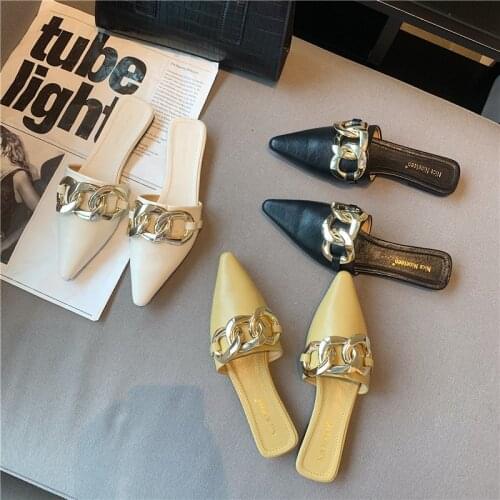 Fashion Women Slippers Pointed Toe Slip On Flats Heeled Metal Chain Yellow Shoes Summer Outdoor Slippers Shallow Flip Flops