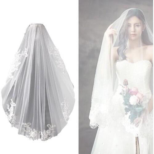 Wedding Bridal Veil with Comb Wedding Hair Accessories for Brides 2 Tier Lace Embroidery Props for Photo Taking