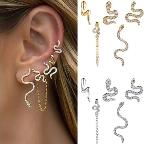 Starose 5 pcs/set Street Snake Earrings for Women Gold Color Chain Helix Piercing Tassel Earrings Studs Crystal Body Ear Jewelry