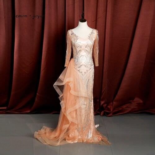 Lemonjoyce Evening Dresses 2020 New Style Champagne V-neck Beading Floor Length Elegant Lady Prom Party Gown