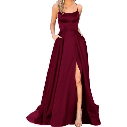 Elegant Spaghetti Satin Long Black Evening Dresses with Pockets A-Line Side Slit Criss Cross Back Robes de Soirée for Women