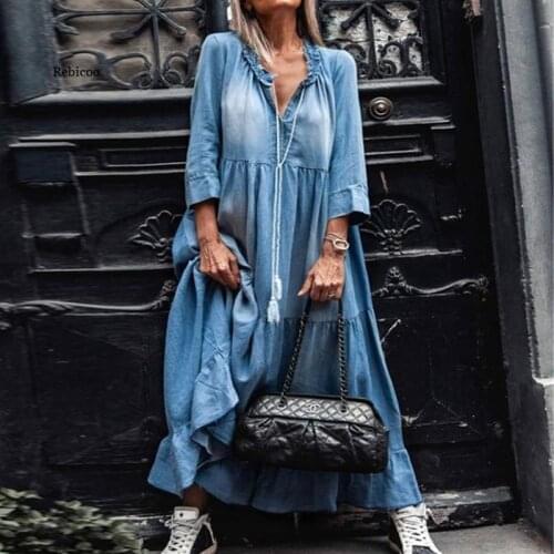 Women Denim Dress Casual V Neck Drawstring Three Quarter Sleeve Loose Jean Dress Vintage Female Cowboy Long Dresses