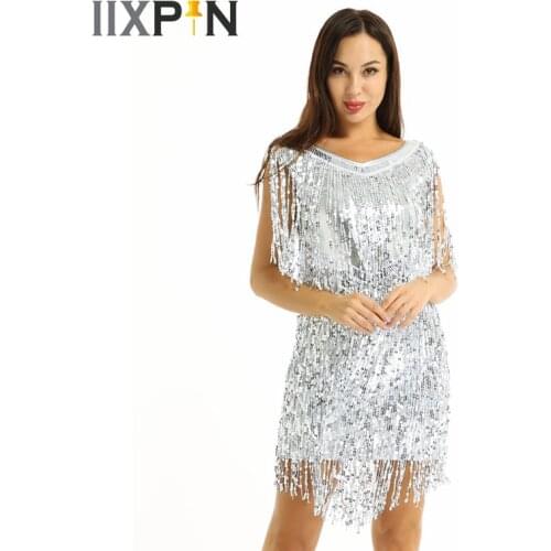 Latin Dance Dress Women Latin Dress V Neck Sleeveless Sparkling Sequin Tassels Fringe Ballroom Samba Tango Stage Rave Outfits