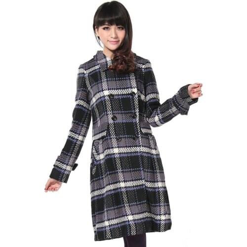 Winter Women Wool Cashmere Coats Female Elegant Blue White Plaid Woolen Tweed Overcoat Woman Double Breasted Long Coat Outerwear