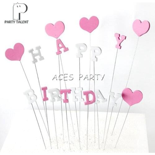 1set Pink Heart Happy Birthday Cake Toppers for Kids Children Birthday Party DIY Baking Cake Decoration