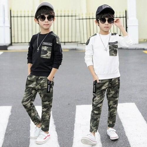 2 Pcs Toddler Camouflage Outfits Baby Boys Long Sleeve Round Neck Pullover Trousers with Slant Pockets Clothes Set Kids Children