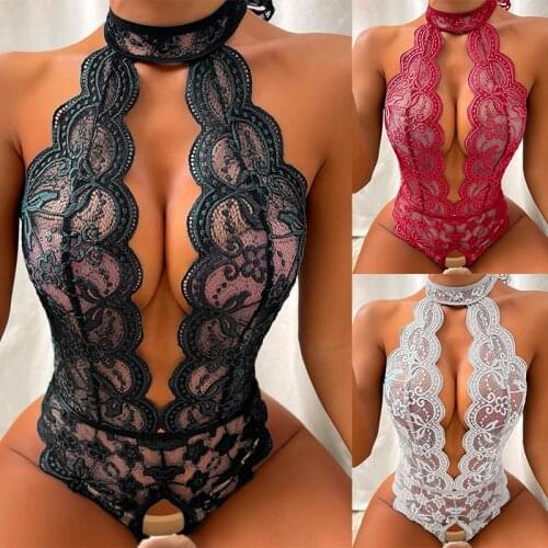 2021 Sexy Lingerie One Piece Bodysuit Women Push Up Bra Set Lace Bow Backless Cross Straps Nightgown Transparent Underwear Sets