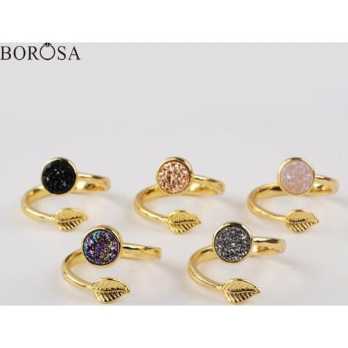 BOROSA 5/10Pcs Natural Agates Titanium Druzy Rings Fashion Gold Adjustable Rings for Women Leaf Drusy Open Ring Jewelry ZG0437