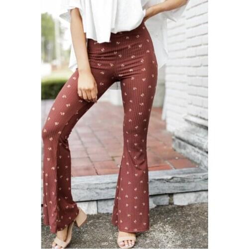 Retro Brown Chic Floral Print Flared Pants Elastic High Waist Boot Cut Pants Streetwear Women Summer Office Lady Korean Fashion