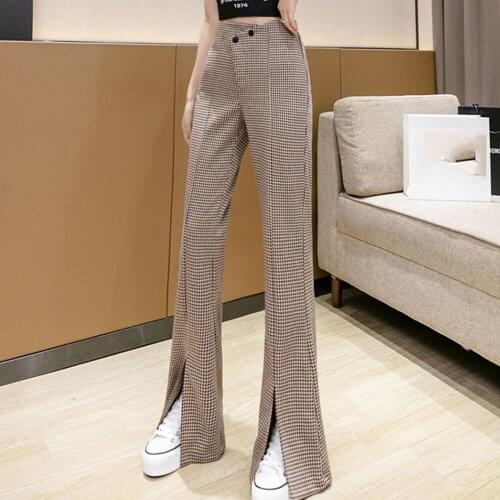 Retro Houndstooth Micro-flared Pants Womens New Loose And Versatile Straight-leg Pants High-waisted Drape Wide-legged Trousers