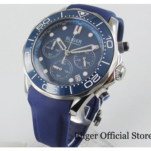 BLIGER New Arrival Quartz Watch Men 41mm Case Chronograph Function Date Ceramic Bezel Rubber Strap 24 Hours Sapphire
