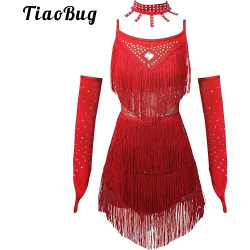 Professional Fringe Ballroom Latin Dance Dress Kids Girls Sequin Fringe Tassel Dancing Dresses Tango Rumba Salsa Dancewear Red