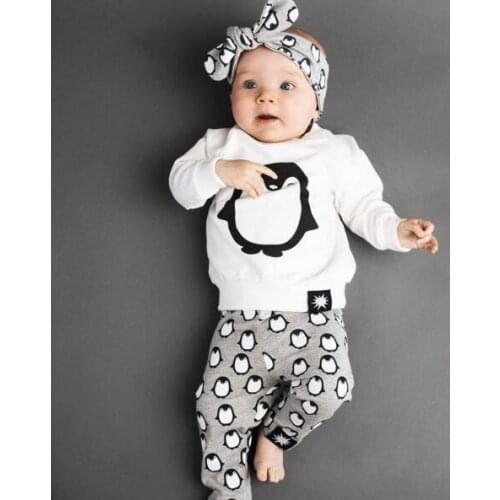 Newborn Infant Baby Clothes Outfits 2020 Fashion Long Sleeve Penguin T-shirt+Pants+Headband 3PCS Baby Boys Girls Clothing Sets