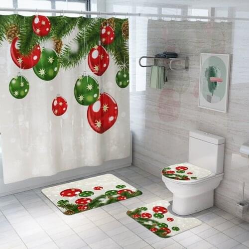 Christmas Printed Bathroom Carpet and Shower Curtain Set Bath Mat Shower Room Toilet Rugs Bath Curtain Toilet Washroom Bath Mat