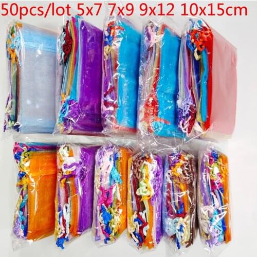 50Pcs Organza Bag Jewelry Packaging Gift Candy Wedding Party Goodie Packing Favors Pouches Drawable Bags Present Sweets Pouches