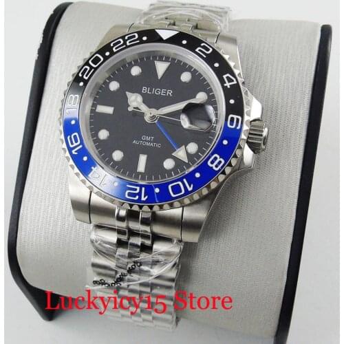 BLIGER Fashional 40mm Auto Men Watch Automatic Movement GMT Hand Jubilee Strap Blue Black Bezel