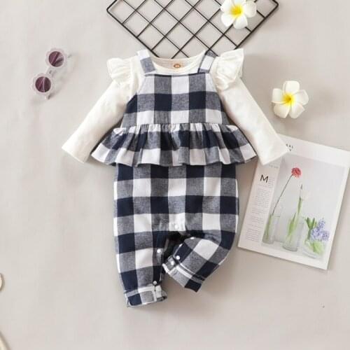 Fashion Baby Girl Clothes Set Spring Fall Baby Clothes 2pcs Sets Solid Long Flying Sleeve Tops+plaid Ruffles Strap Romper 0-18M