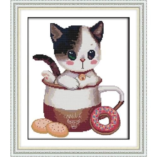 Everlasting Love Kitten In The Cup 3 Chinese Cross Stitch Kits Ecological Cotton Stamped Printed DIY Gift Christmas Decoration