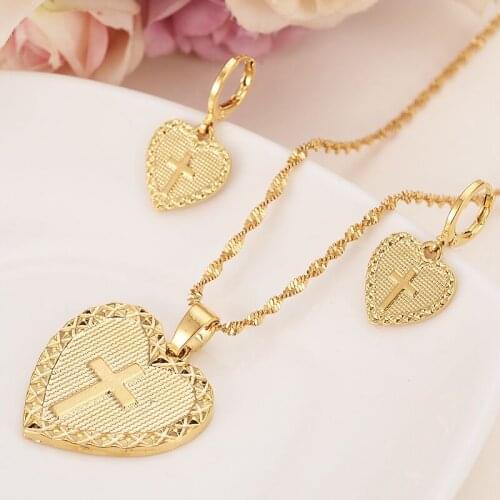 Heart cross Jewelry sets Classical Necklaces Earrings Set 14 K Yellow Solid Gold GF Arab/Africa Wedding Brides Dowry