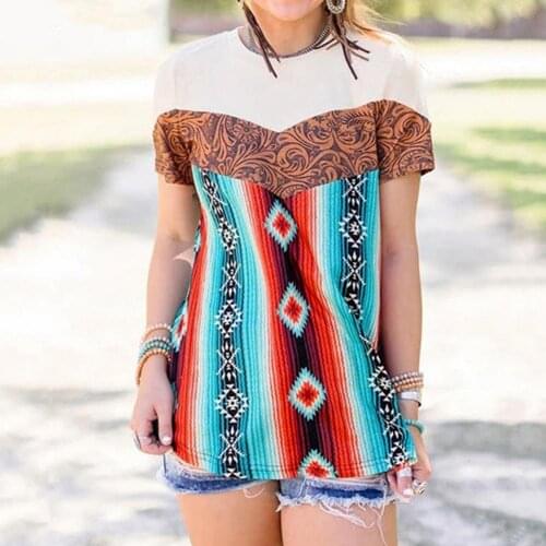 New Fashion Casual T-shirt Printed Bohemia Style Women Short Sleeve Round Neck T Shirt Woman Clothing