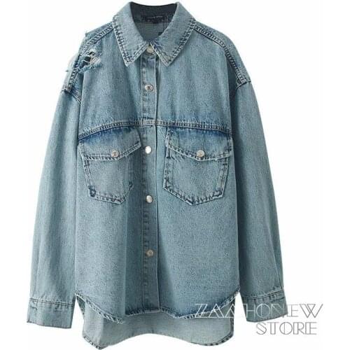 ZAAHONEW New Spring Autumn Women Ripped Denim Cool Jacket Fashion Casual Loose Pocket Buttons Blouses Oversize Shirt Coat