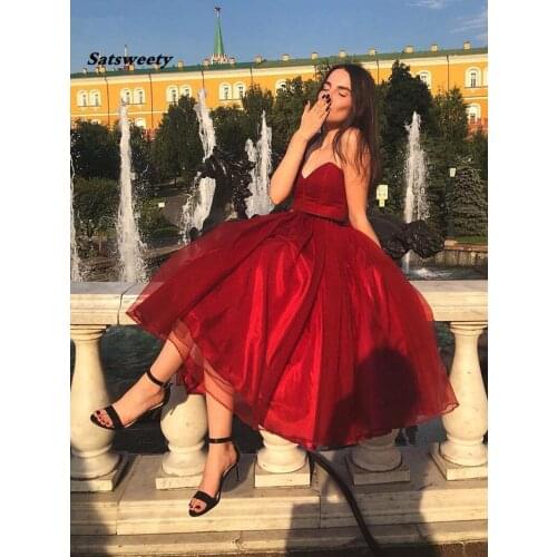 New Design Sweetheart Organza Burgundy Prom Dress 2020 Tea Length Ball Gown Graduation Homecoming Dresses