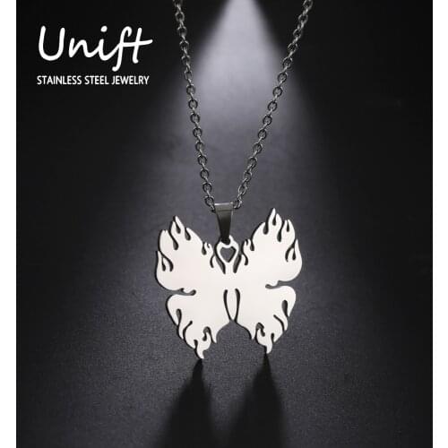 Unift Cool Burning Butterfly Pendant Necklace Stainless Steel Flame Fire-Shaped Choker with Heart Hip Pop Punk Jewelry Rebirth
