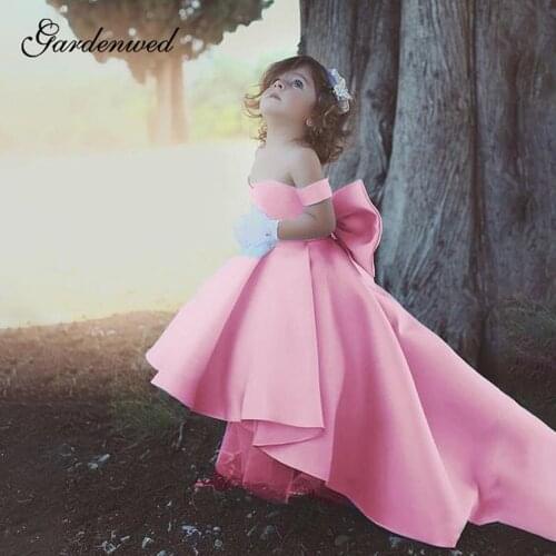 Pure Satin Girl Wedding Party Dresses Off Shoulder Baby Girl Princess Dresses Aline Puffy Bow Ball Gown Communion Dresses 2020