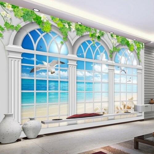 Custom 3D Photo Wallpaper Window Seascape Large Mural Living Room Sofa TV Background Waterproof Self-adhesive Wall Sticker Beach