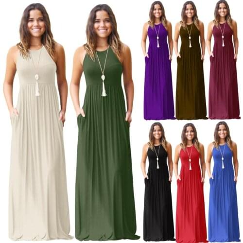 Casual Women Maxi Dress Summer 2020 Sleeveless Pleated Loose Tank Dress Pocket Solid Color Elegant Women Dress Stretch Vestidos